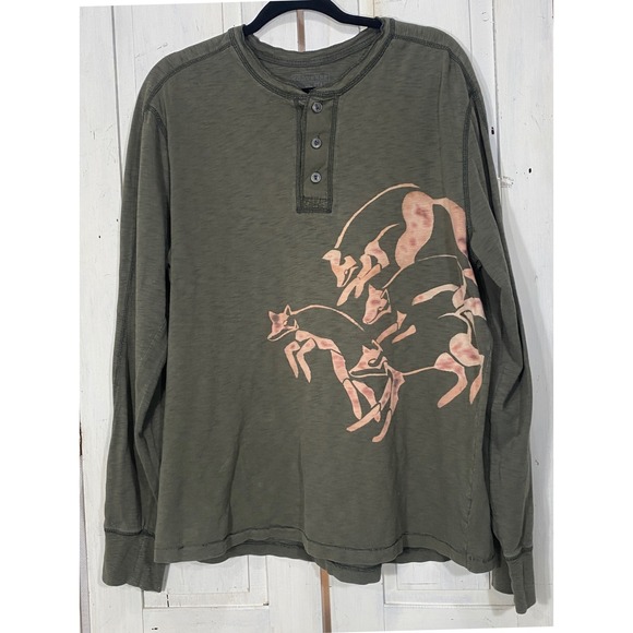 Converse One Star Other - Converse One Star Mens Henley Shirt Large Olive Green Fox Graphic Long Sleeve